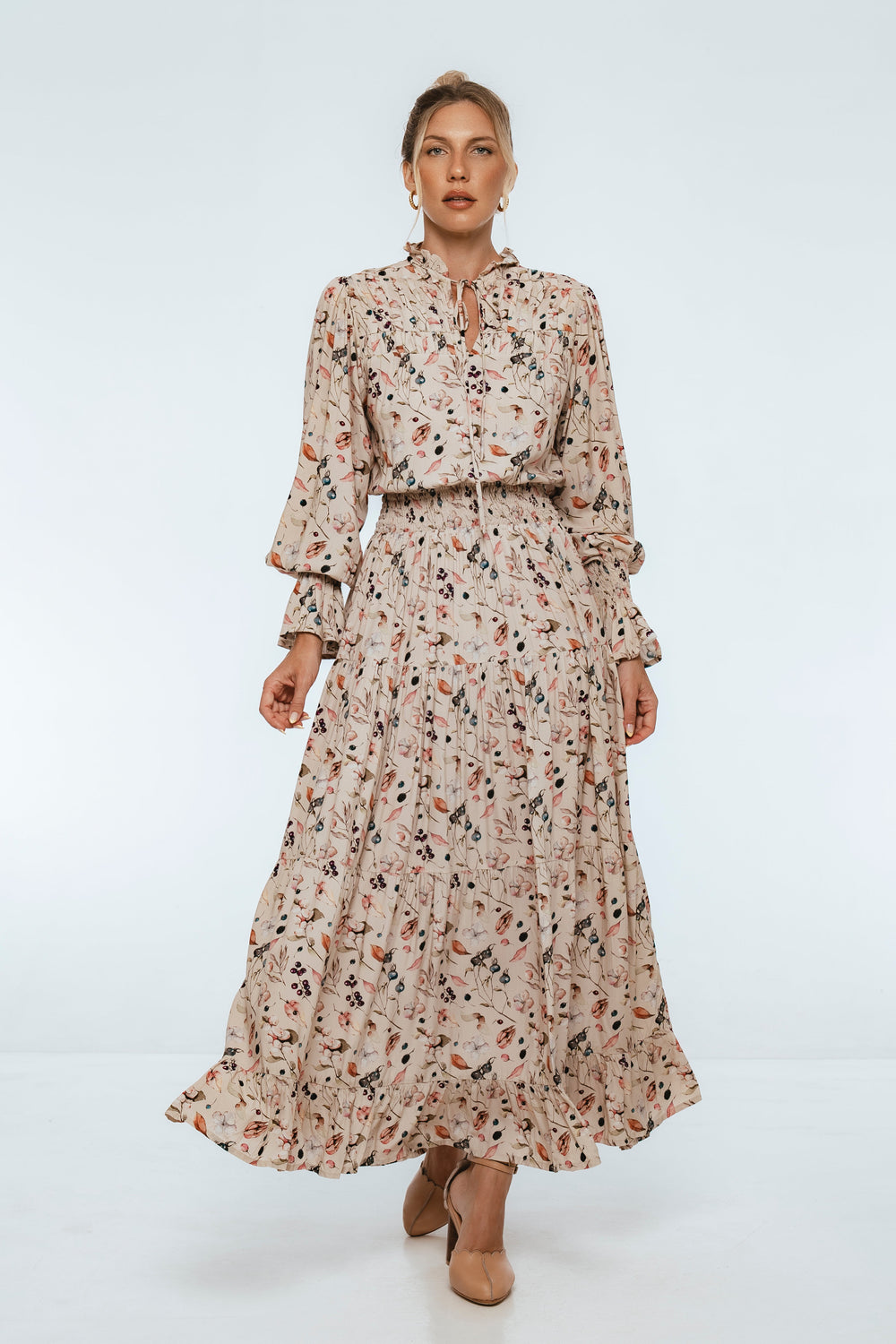 Womens White Lotus Ruffled Maxi Dress