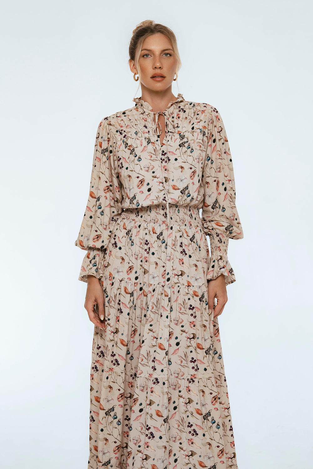 Womens White Lotus Ruffled Maxi Dress