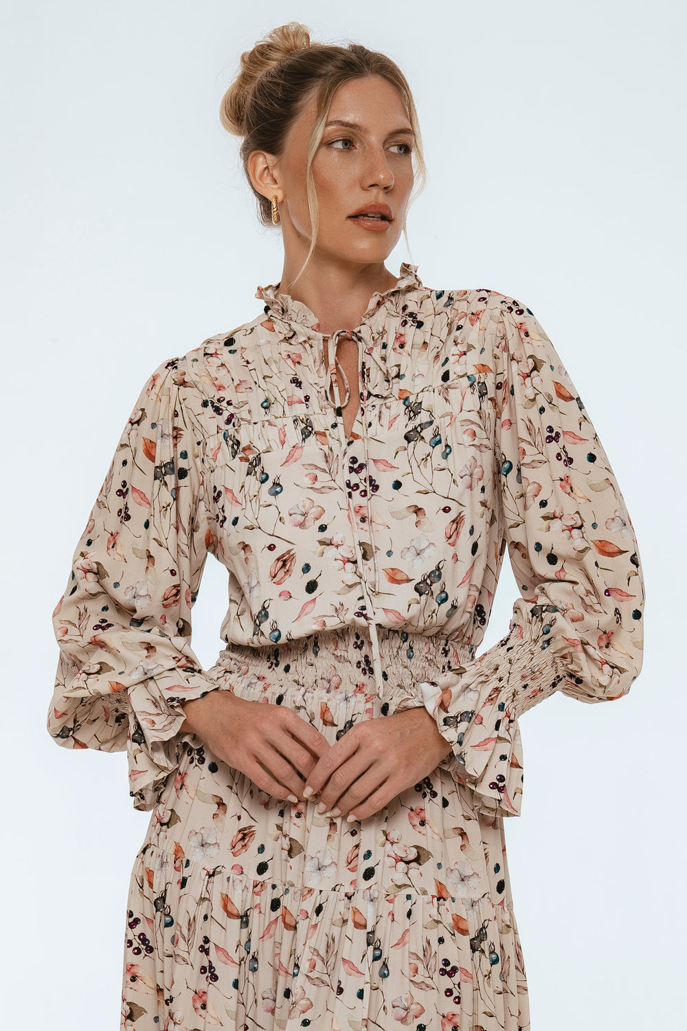 Womens White Lotus Ruffled Maxi Dress