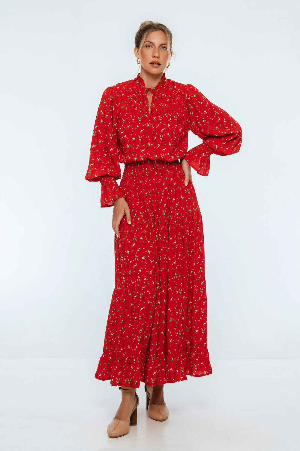 Womens White Lotus Ruffled Maxi Dress
