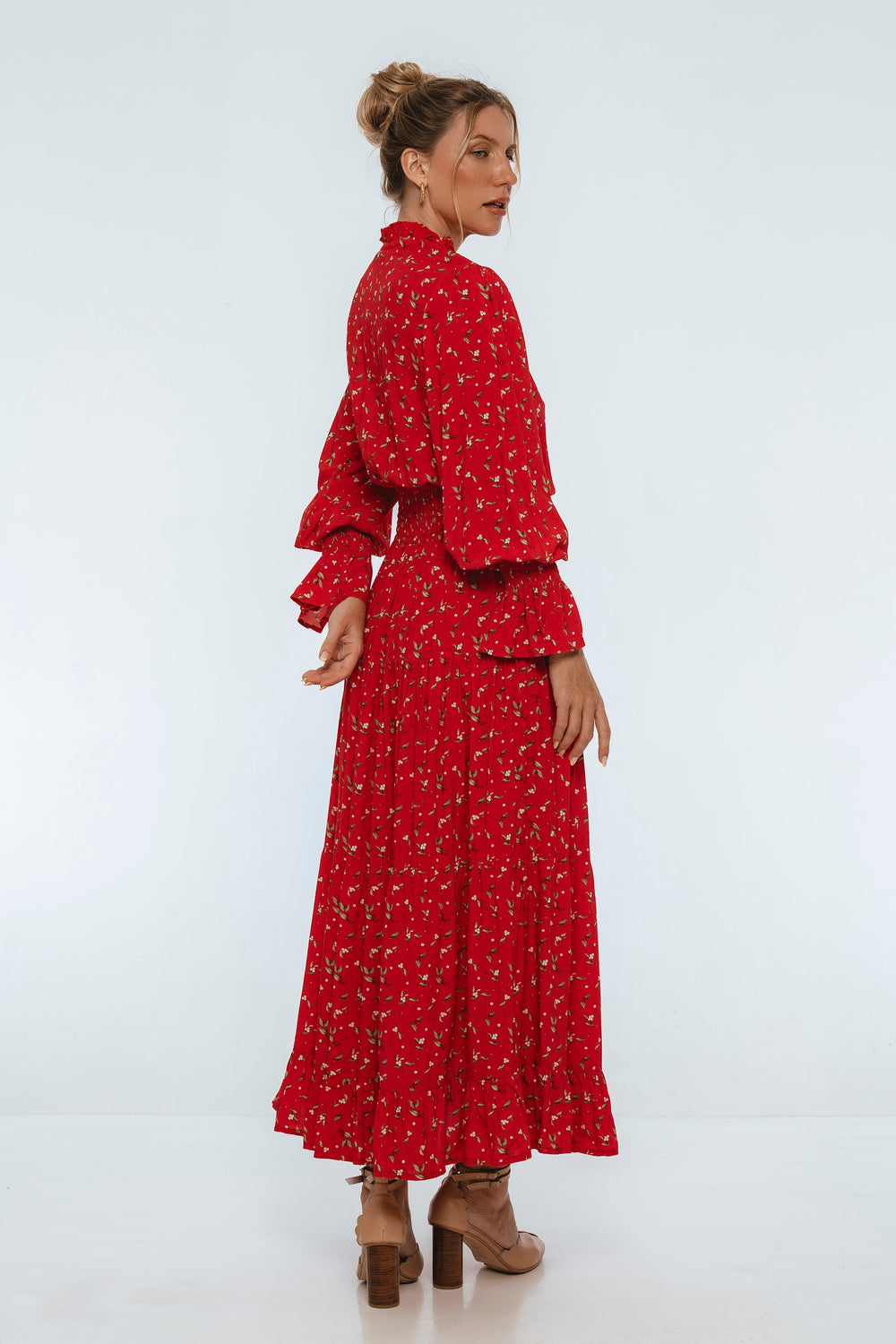 Womens White Lotus Ruffled Maxi Dress