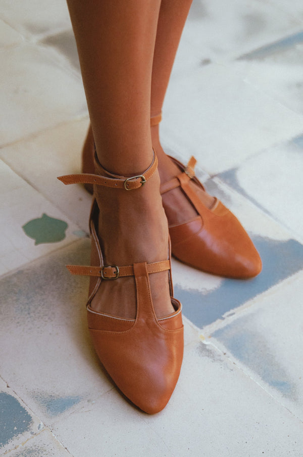 Womens On The Go Pointed Toe T-Strap Leather Flats - Dark Tan