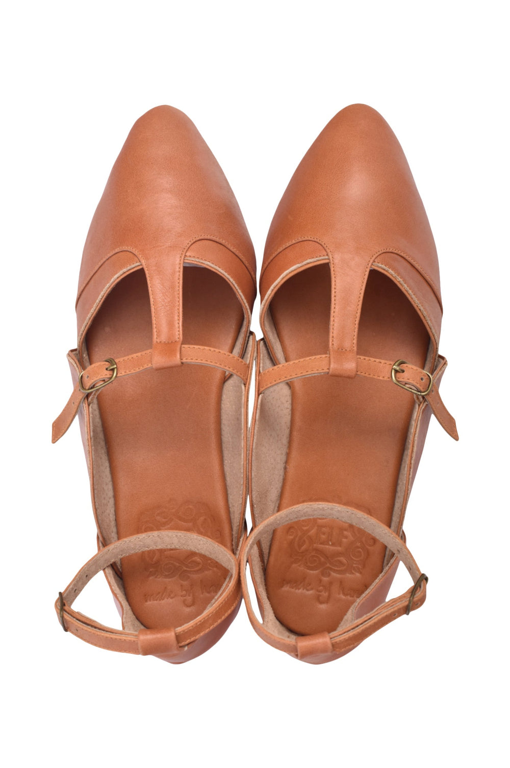 Womens On The Go Pointed Toe T-Strap Leather Flats - Dark Tan