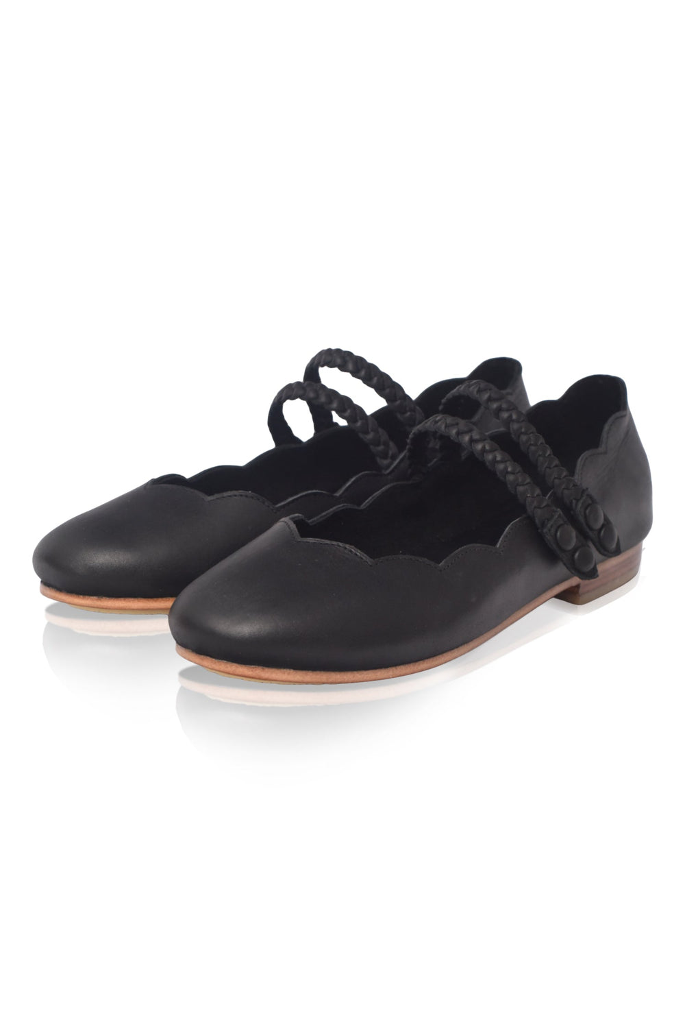 Womens Prima Scalloped Leather Ballet Flats - Black