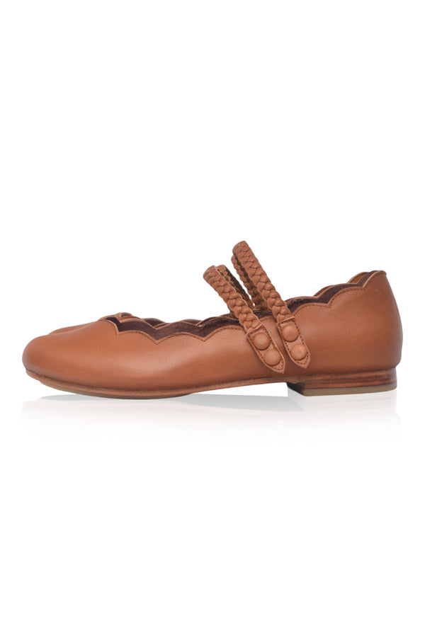 Womens Prima Scalloped Leather Ballet Flats - Vintage Camel