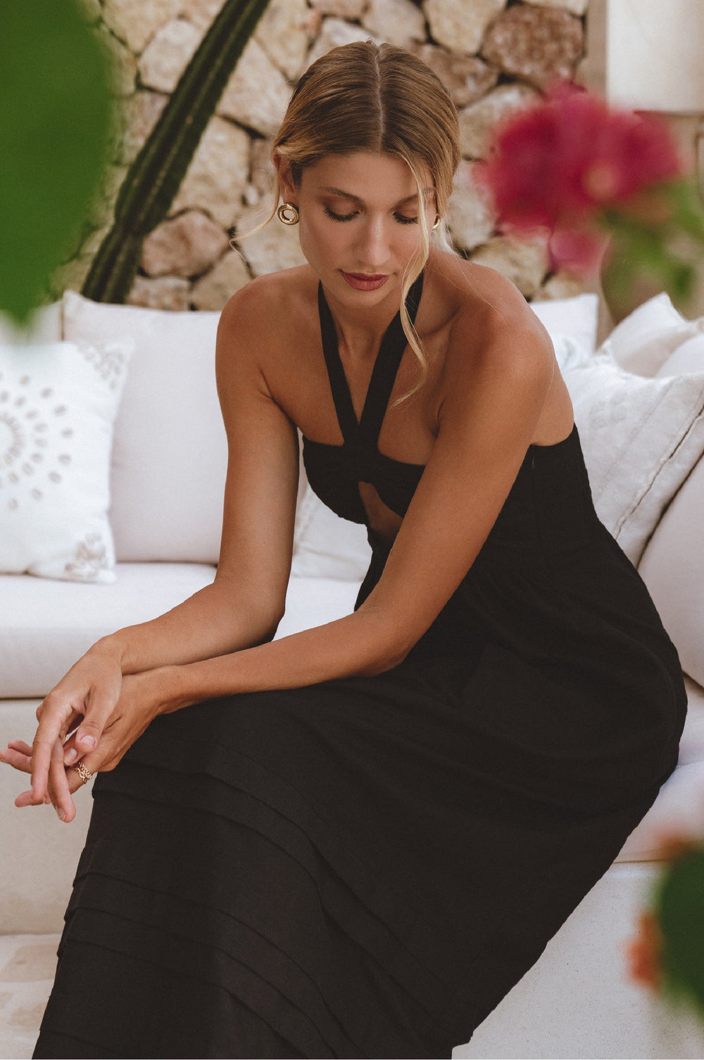 Womens Penelope Halter Linen Maxi Dress - Black