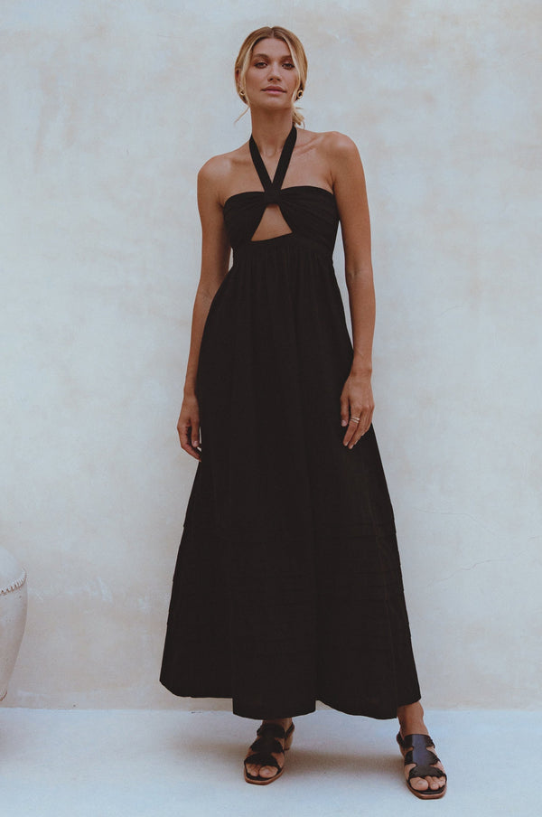 Womens Penelope Halter Linen Maxi Dress - Black