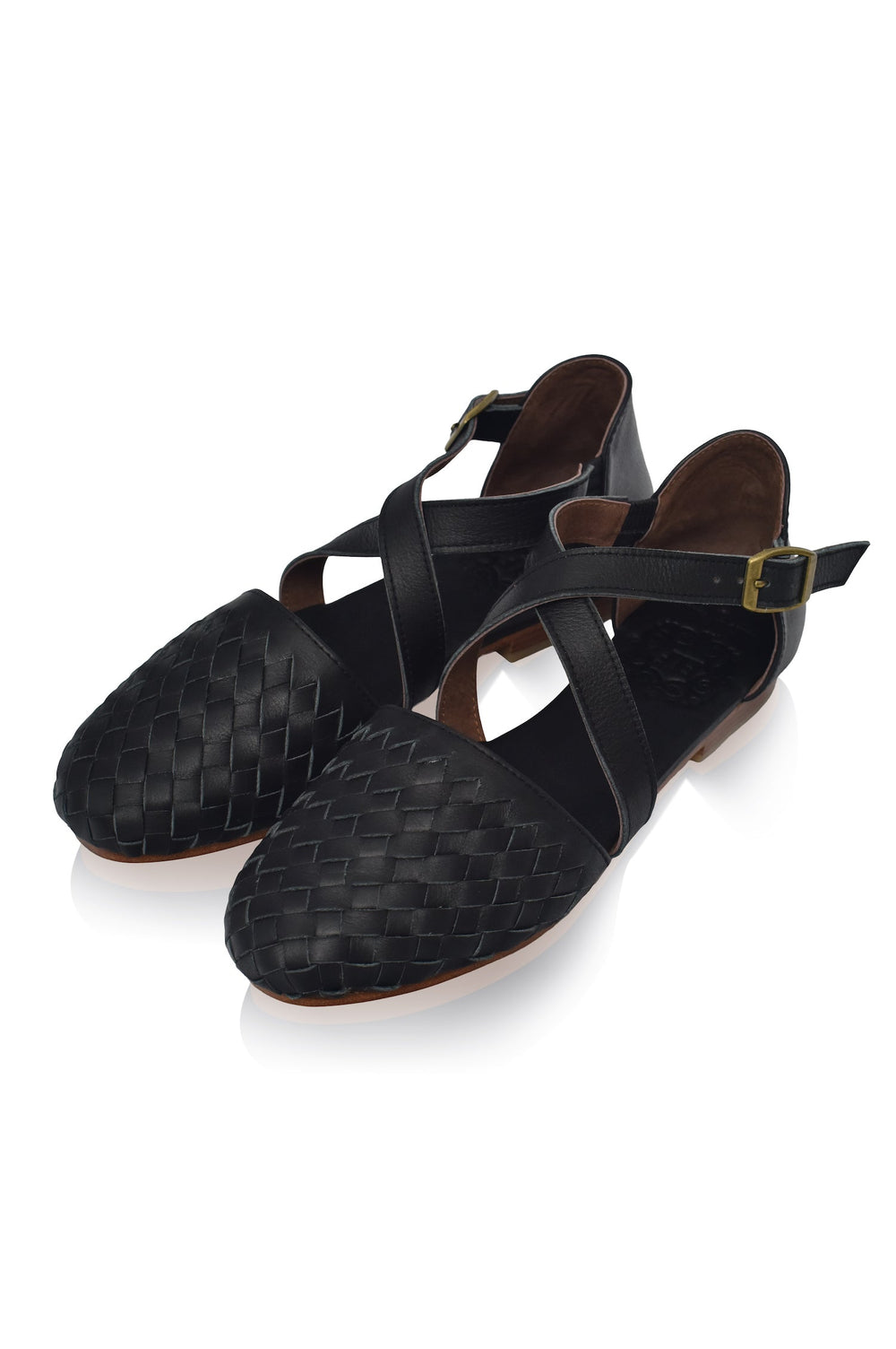 Womens Riviera Woven Leather Flats - Black