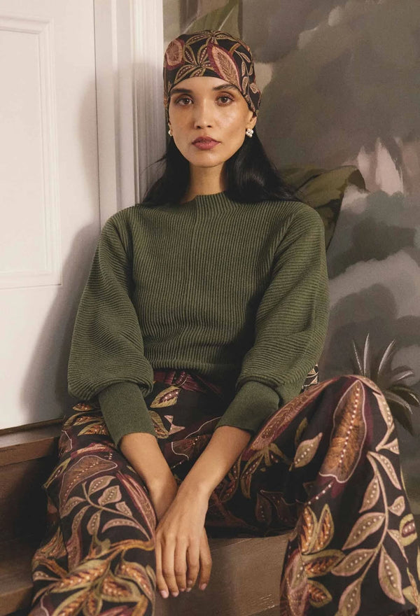 Roselle Merino wool Blend Ribbed Knit Top in Winter Moss