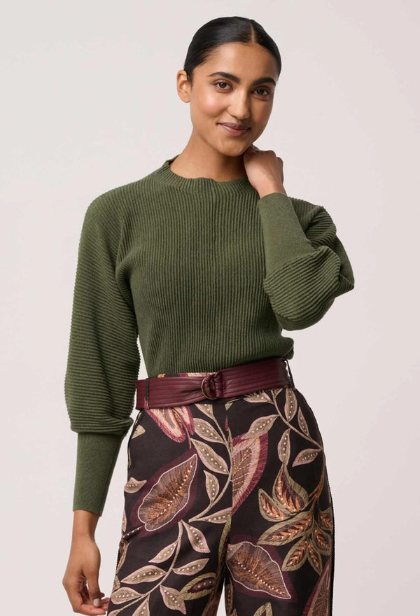 Roselle Merino wool Blend Ribbed Knit Top in Winter Moss