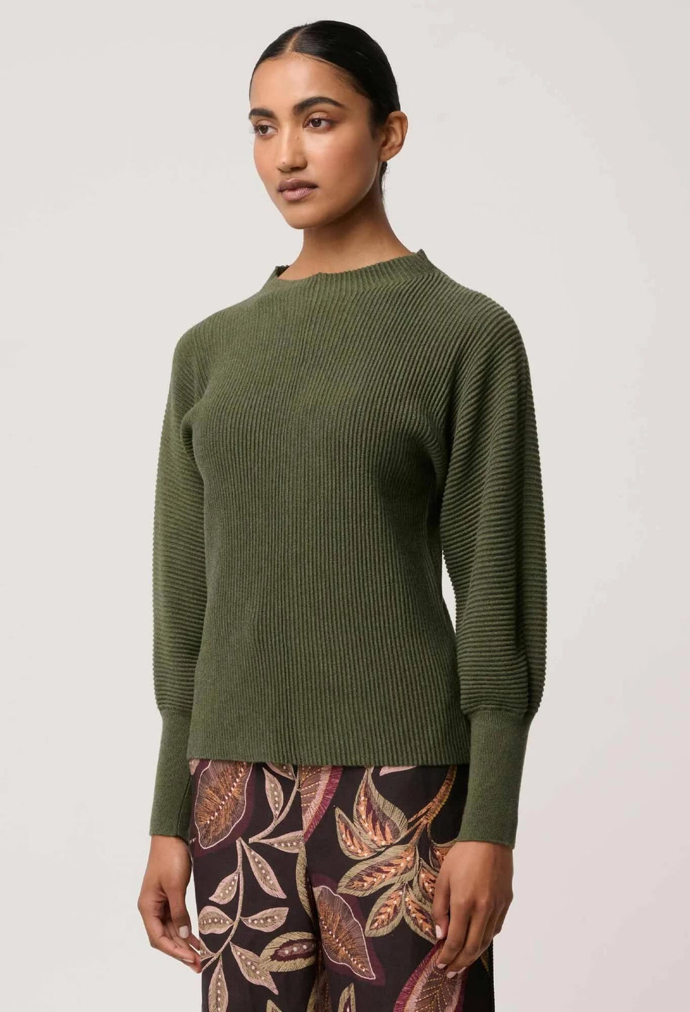 Roselle Merino wool Blend Ribbed Knit Top in Winter Moss