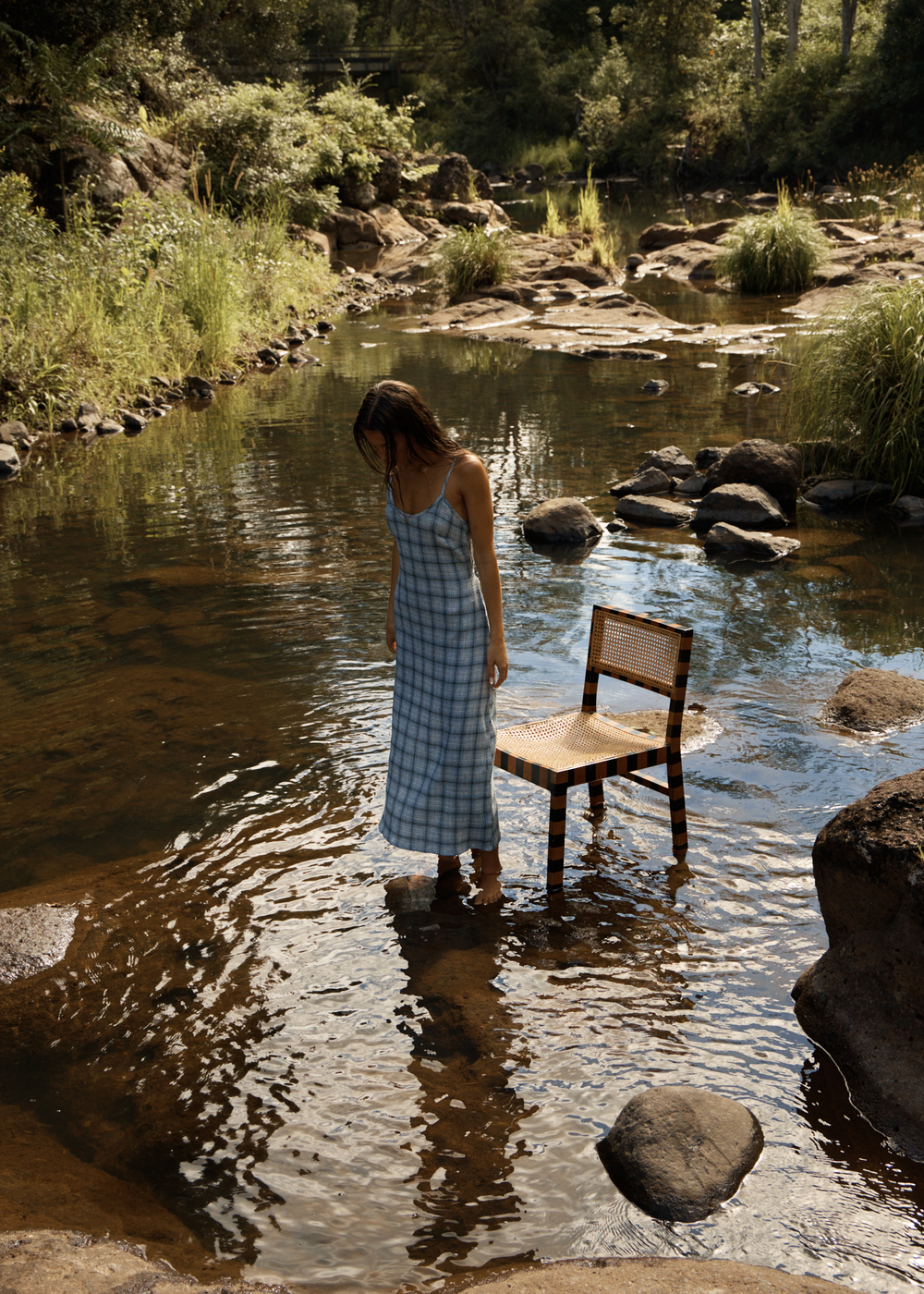 Womens Seersucker Midi Dress Rumi - Overcast Check - AFENDS