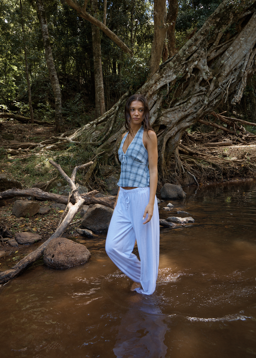 Womens Seersucker Halter Top Lagoon - Overcast Check - AFENDS