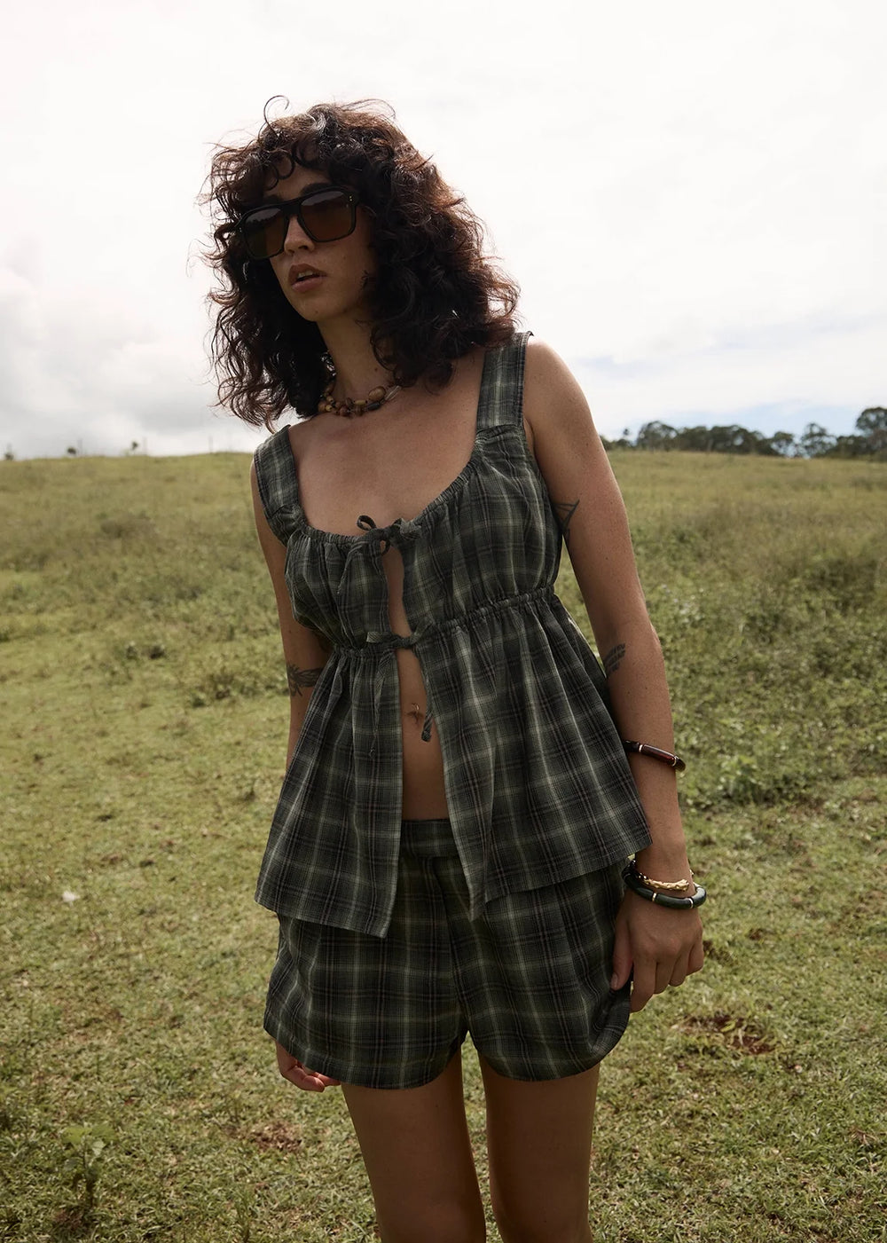 Womens Tie Top Jonah - Deep Olive Check - AFENDS