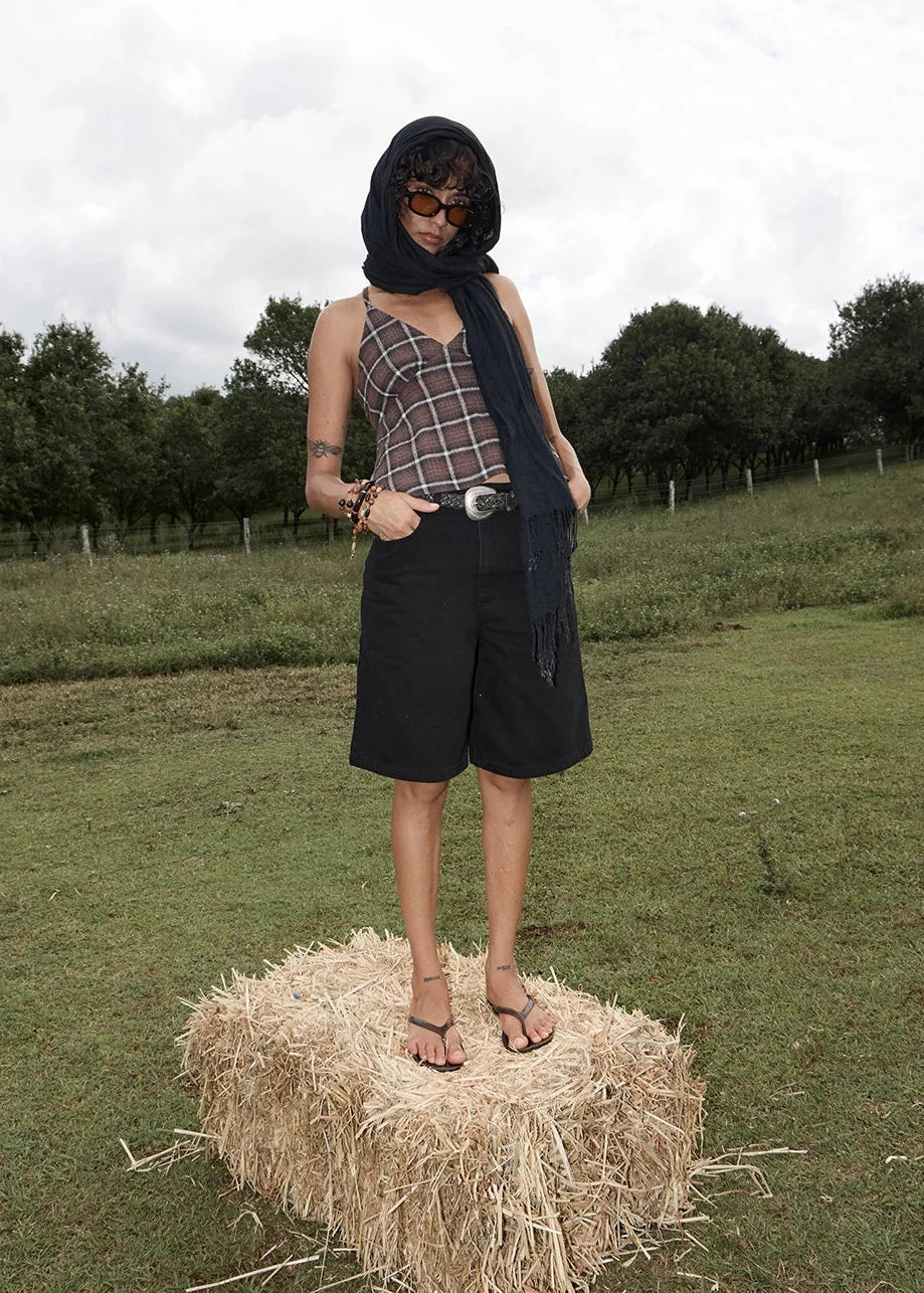 Womens Seersucker Strappy Top Reverie - Coffee Check - AFENDS