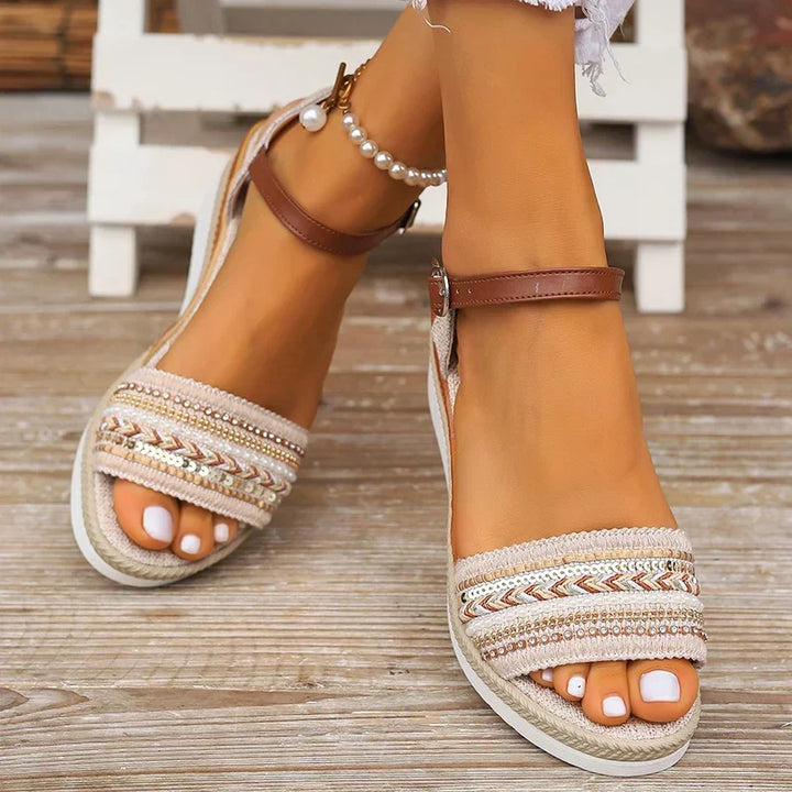 Thorncliffe Boho Wedge Sandals With Beaded Ankle Strap