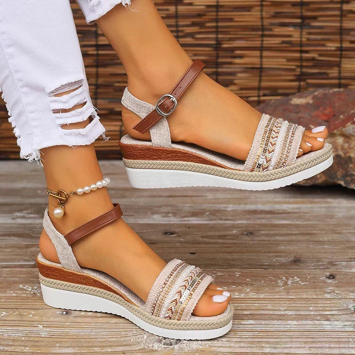 Thorncliffe Boho Wedge Sandals With Beaded Ankle Strap