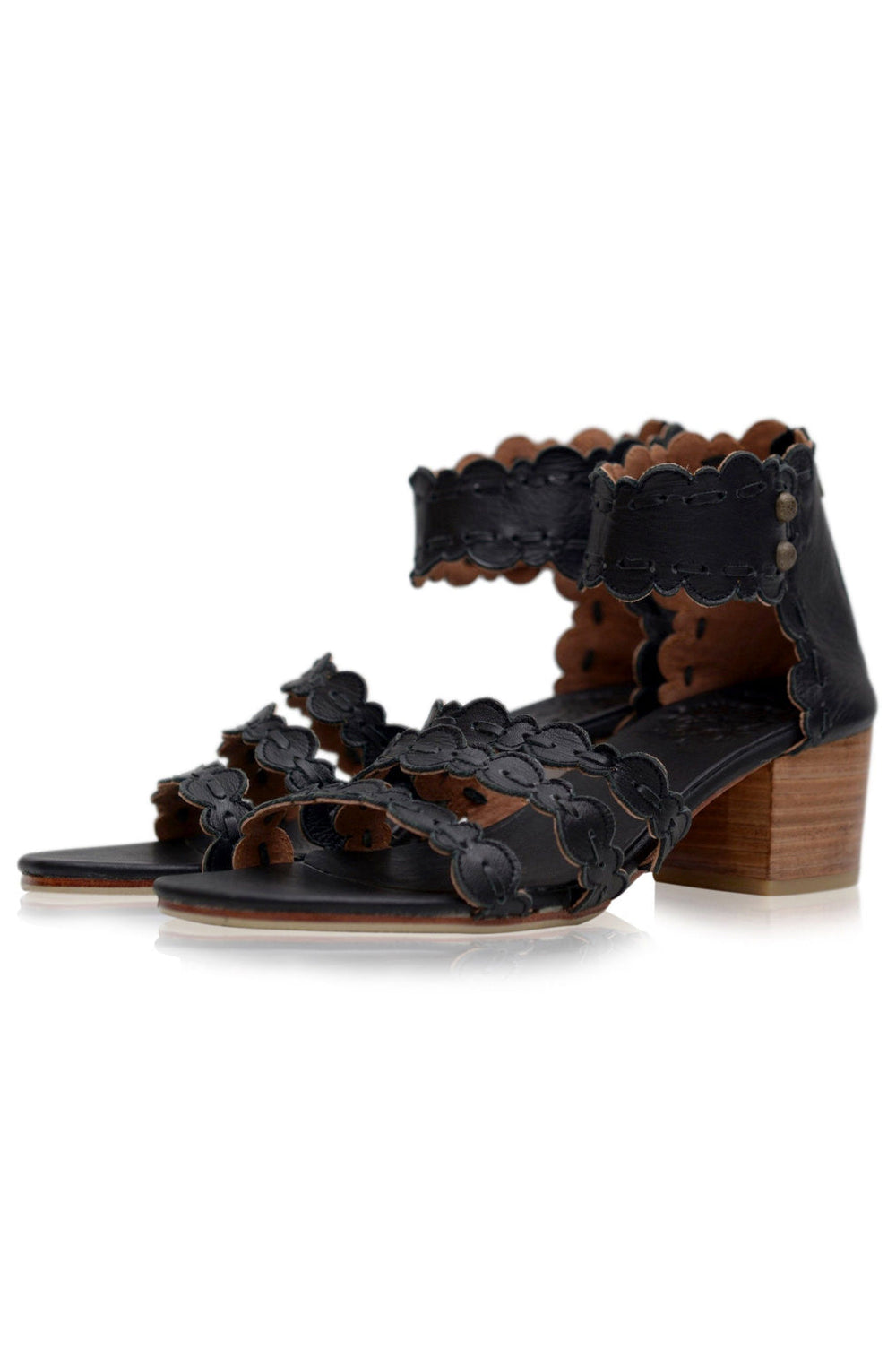 Womens Seaside Block Heel Leather Sandals - Black