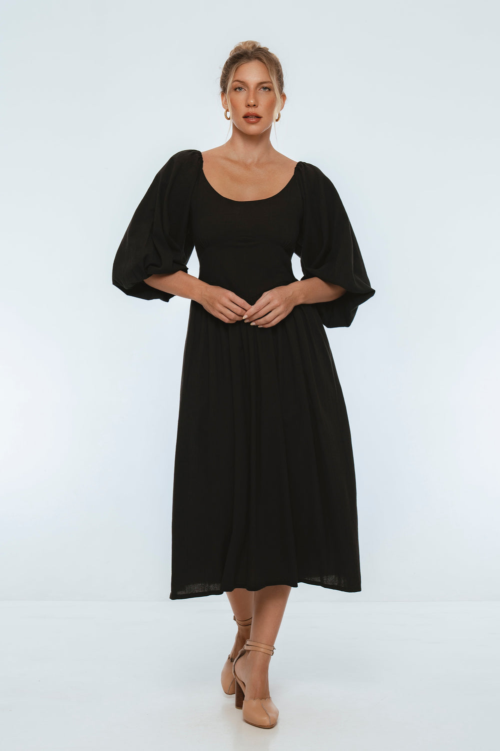 Womens Genevieve Puff Sleeve Midi Dress - Black