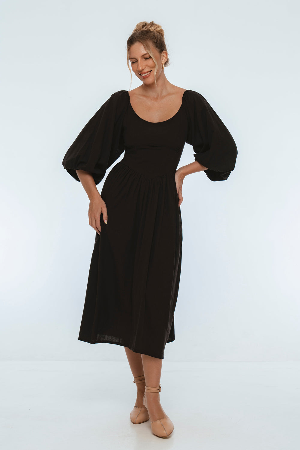 Womens Genevieve Puff Sleeve Midi Dress - Black