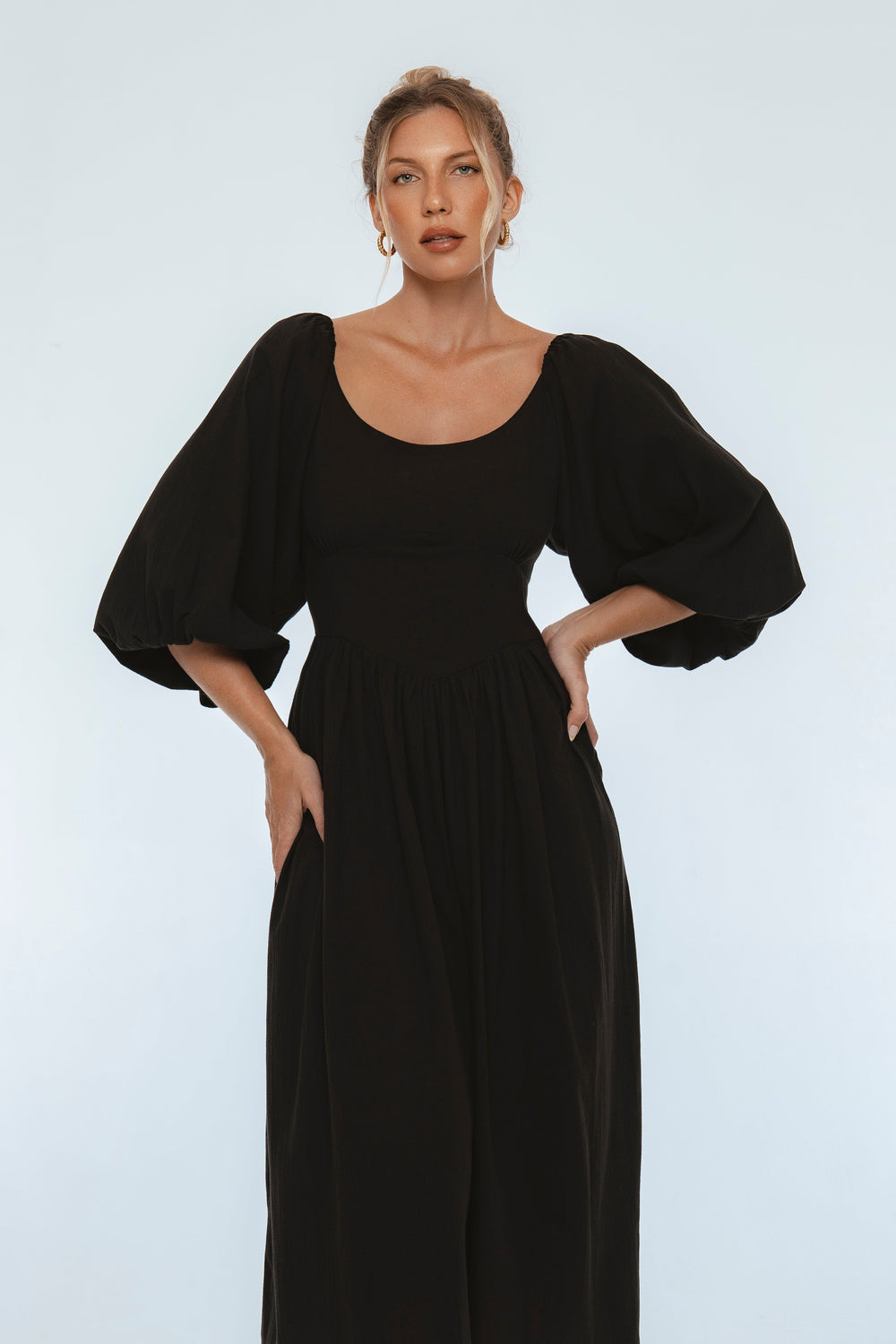 Womens Genevieve Puff Sleeve Midi Dress - Red