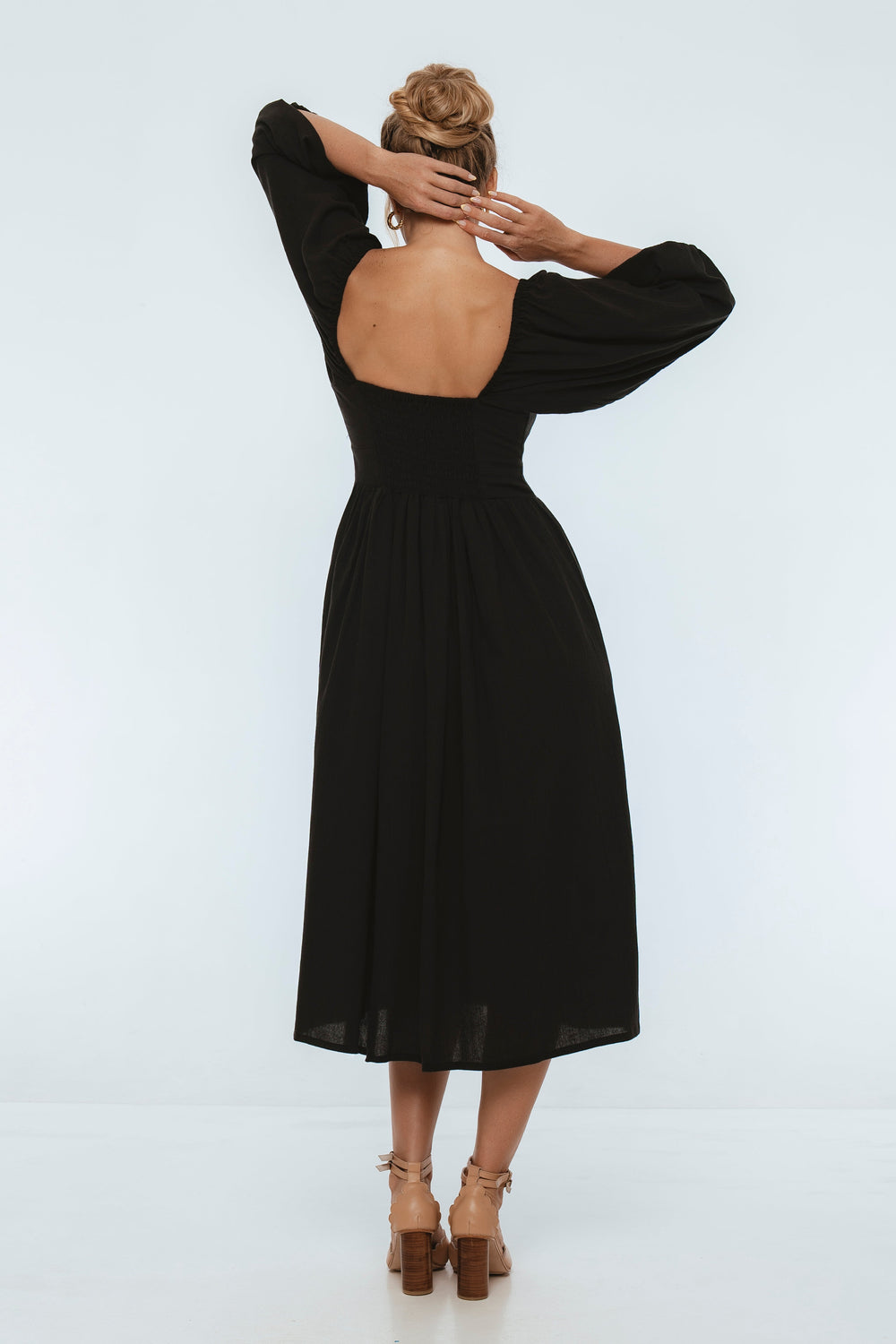Womens Genevieve Puff Sleeve Midi Dress - Black