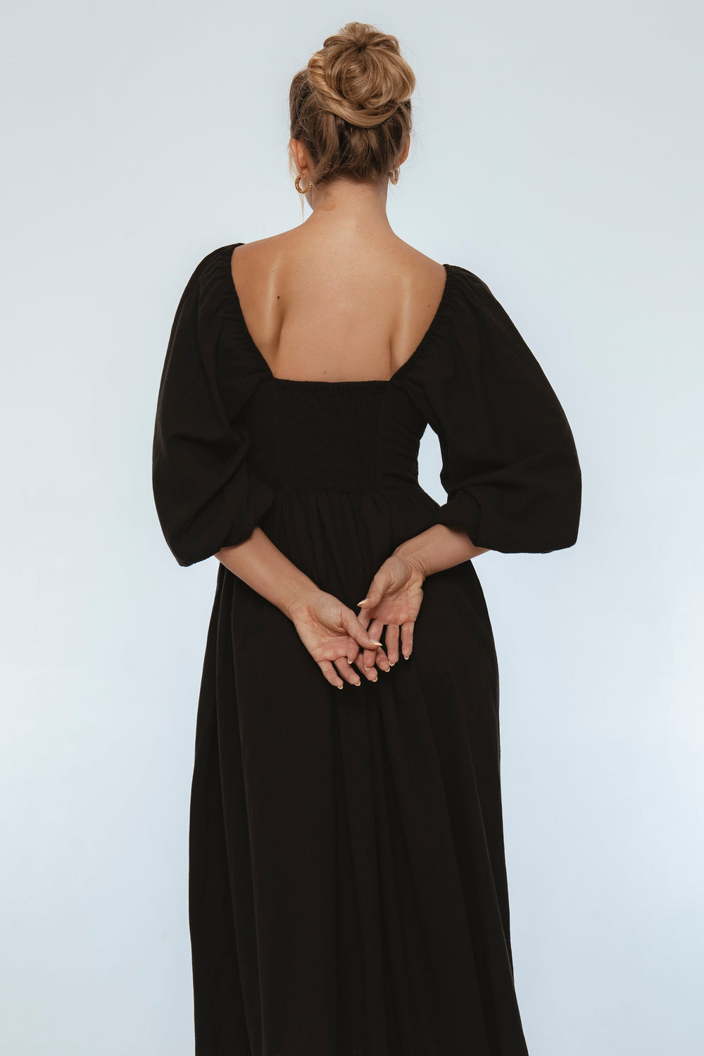Womens Genevieve Puff Sleeve Midi Dress - Black