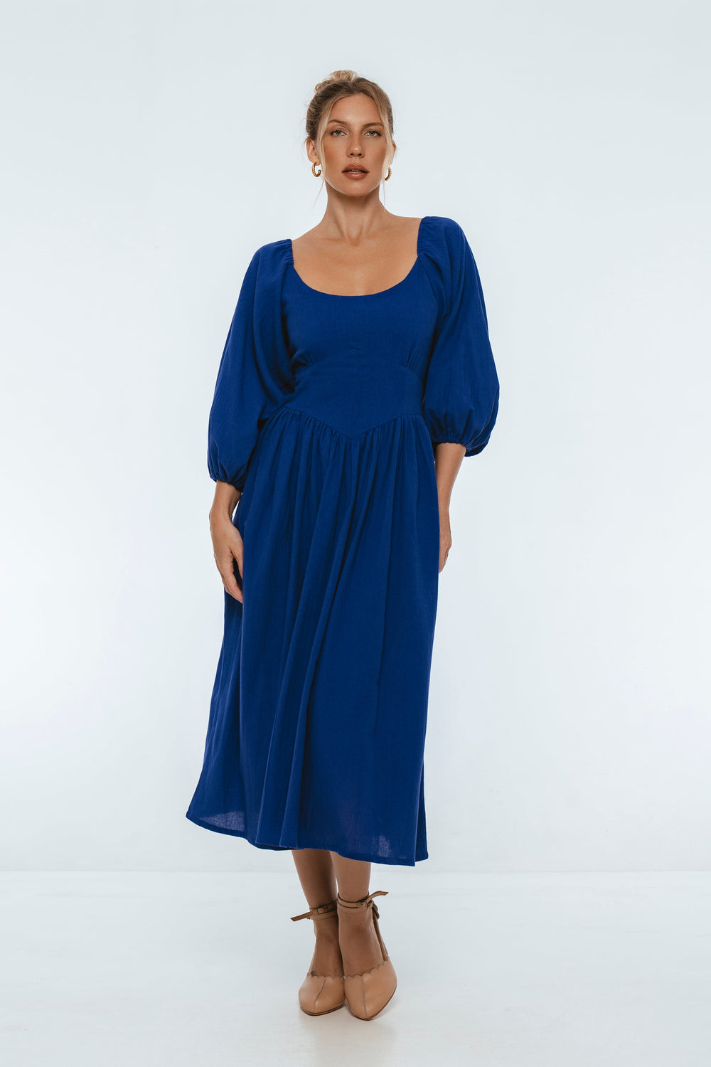 Womens Genevieve Puff Sleeve Midi Dress - Black