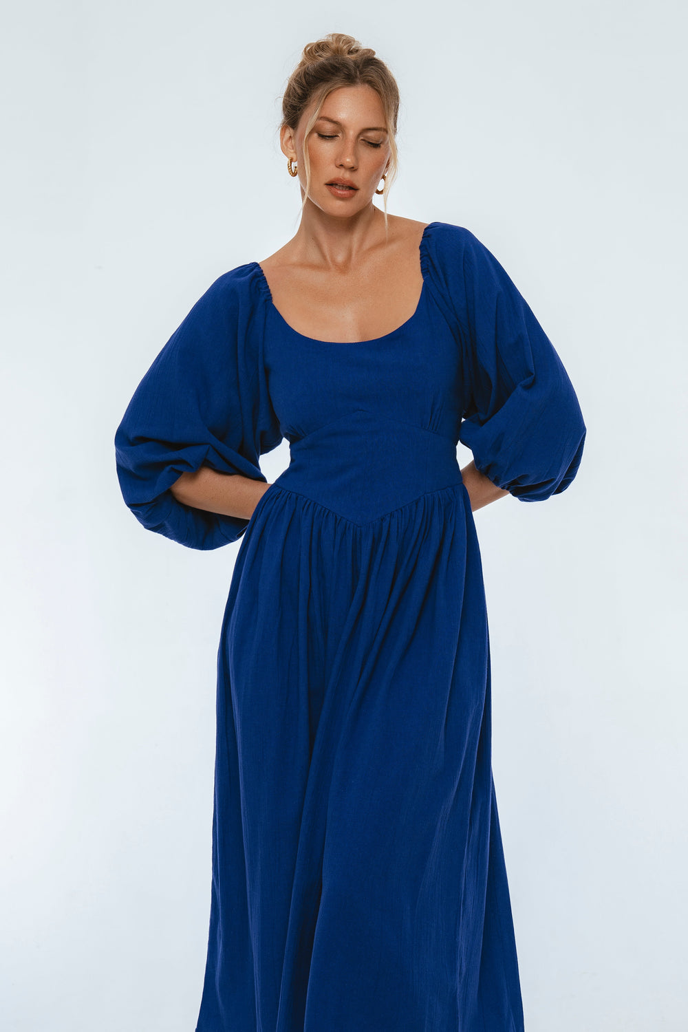 Womens Genevieve Puff Sleeve Midi Dress - Black