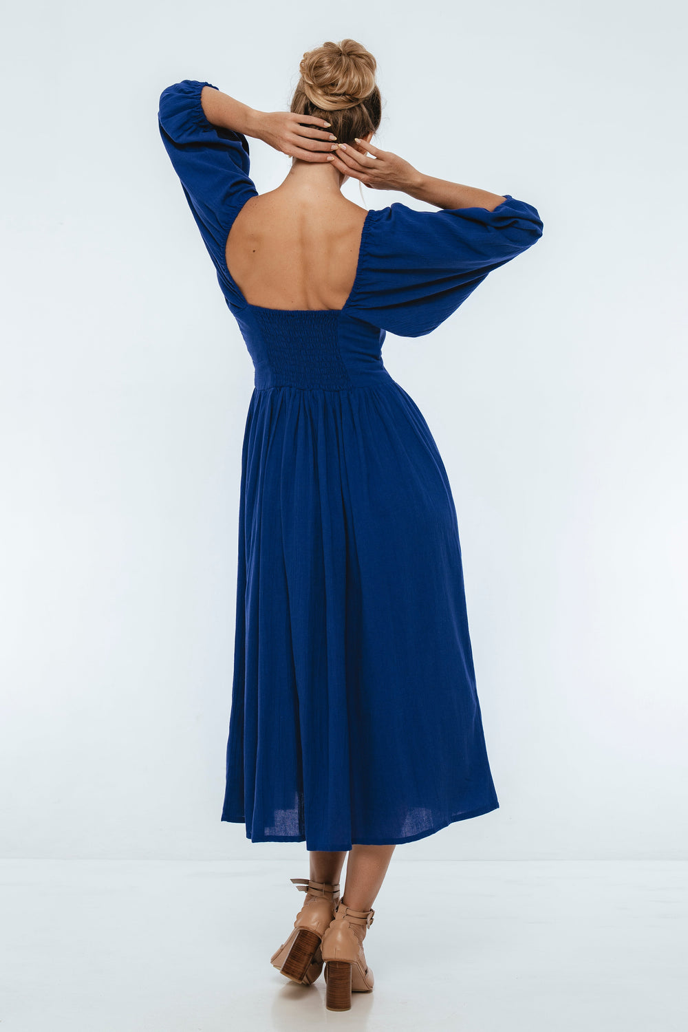 Womens Genevieve Puff Sleeve Midi Dress - Red