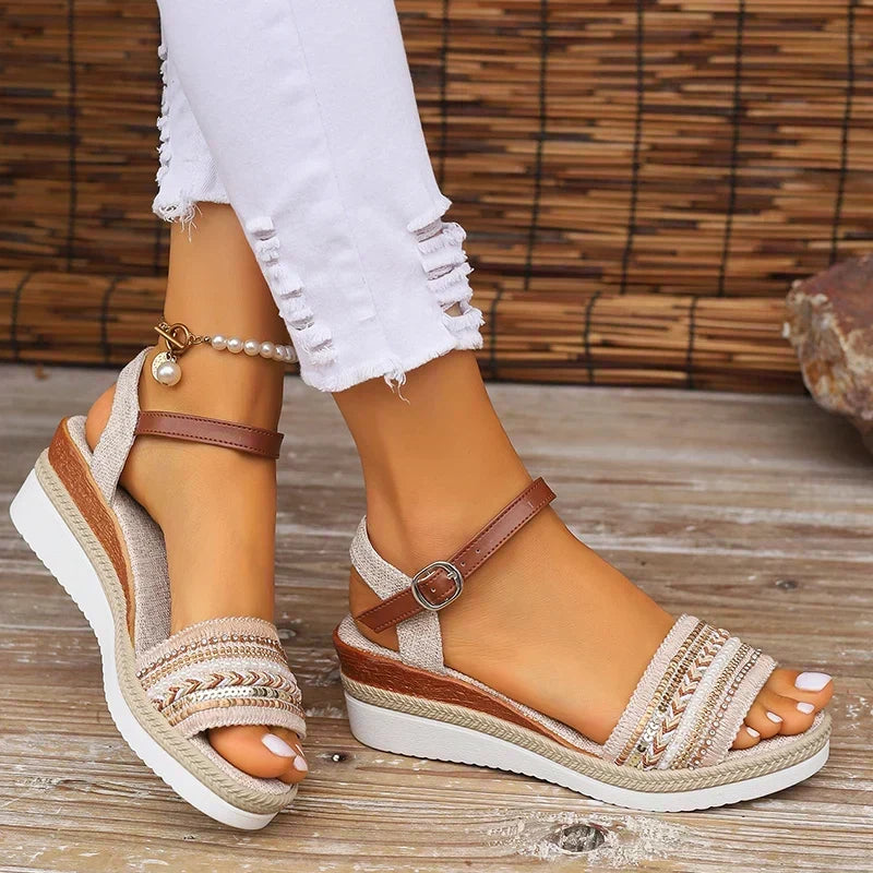 Thorncliffe Boho Wedge Sandals With Beaded Ankle Strap