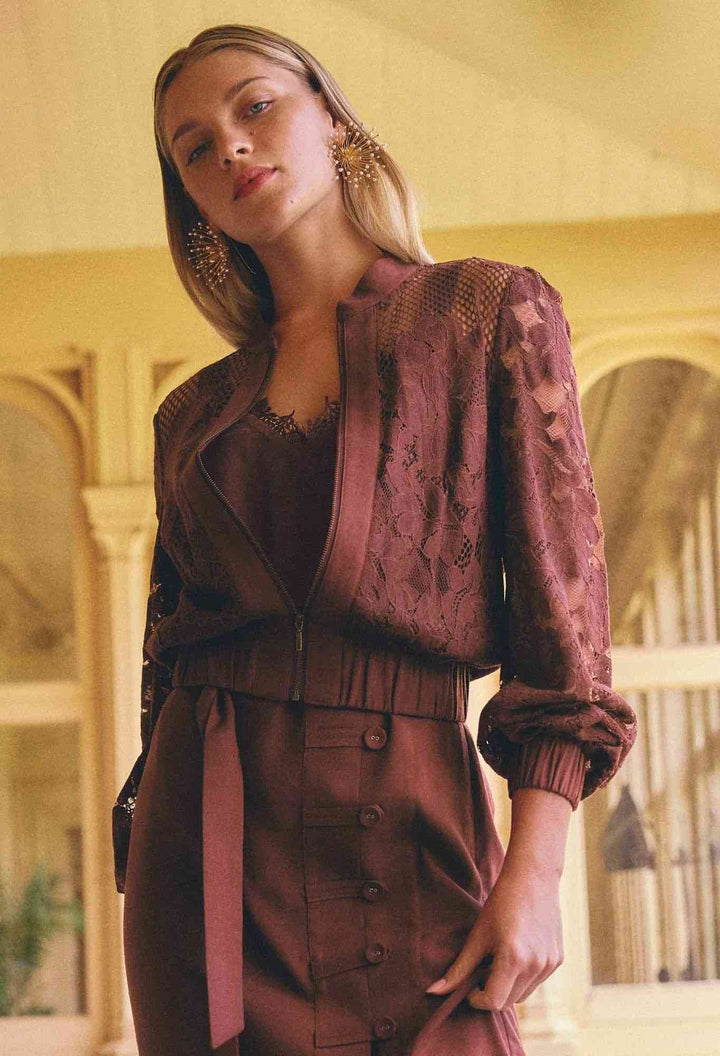 Solene Cotton Blend Placement Lace Bomber in Rosewood Coat