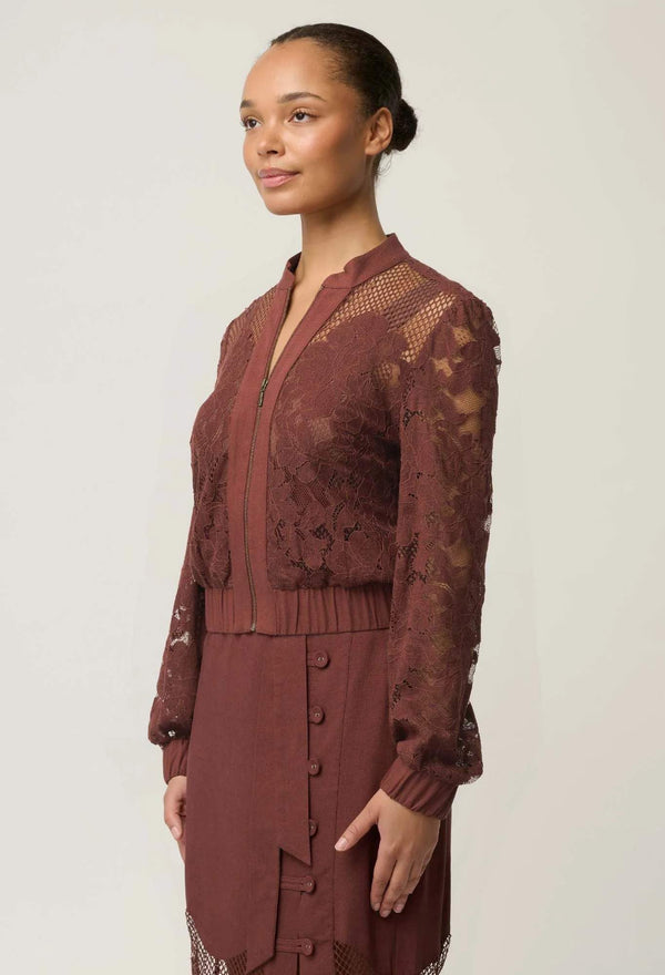 Solene Cotton Blend Placement Lace Bomber in Rosewood