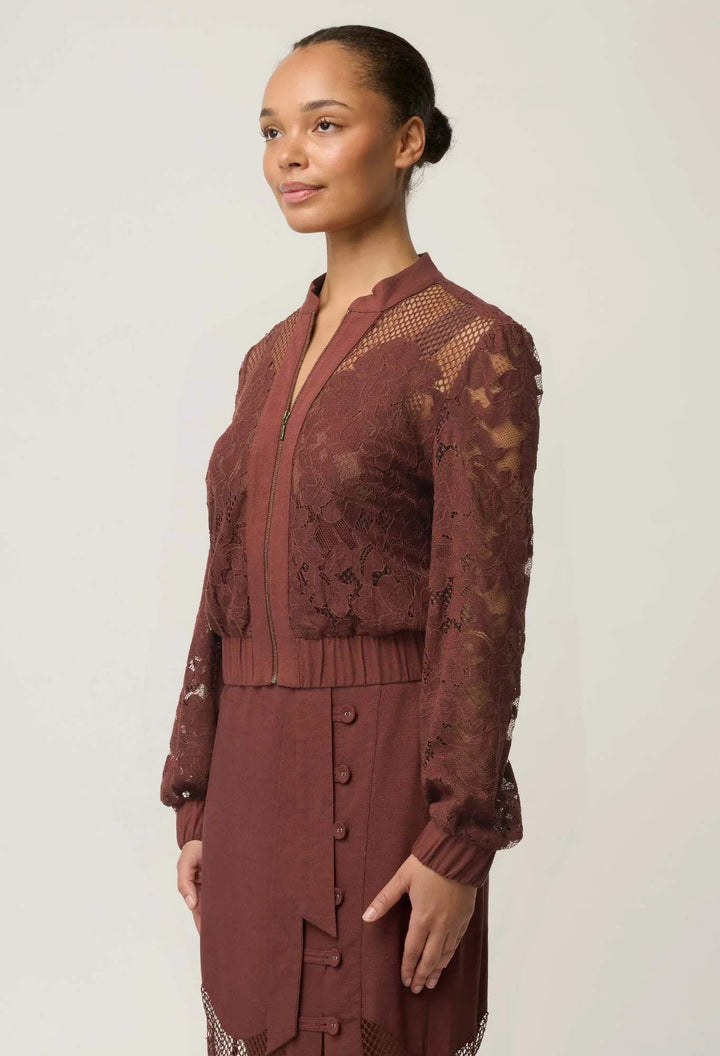 Solene Cotton Blend Placement Lace Bomber in Rosewood Coat