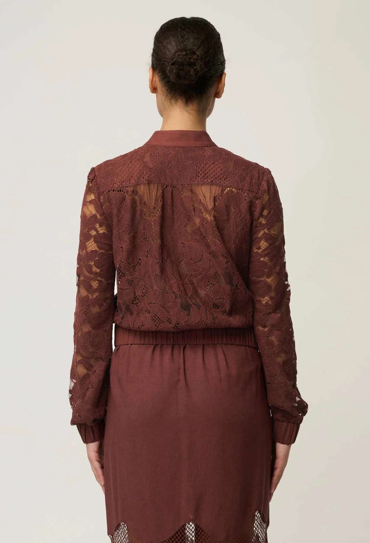 Solene Cotton Blend Placement Lace Bomber in Rosewood Coat