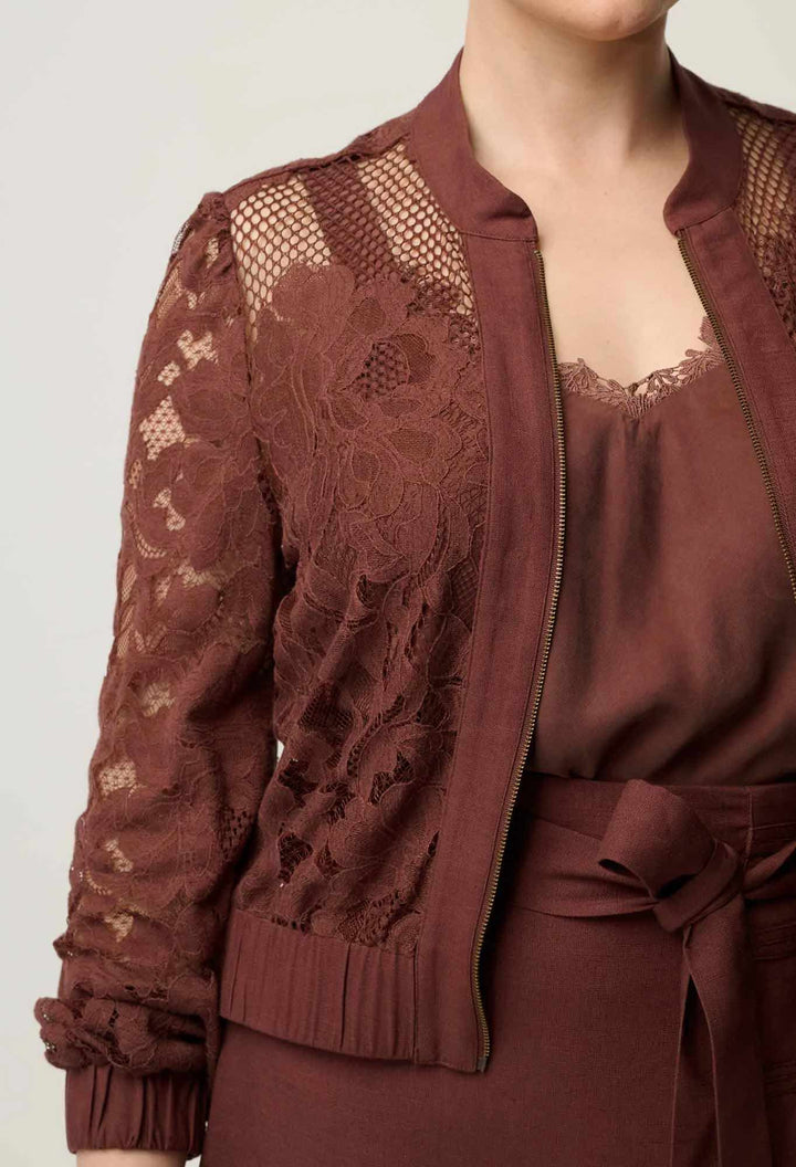 Solene Cotton Blend Placement Lace Bomber in Rosewood Coat