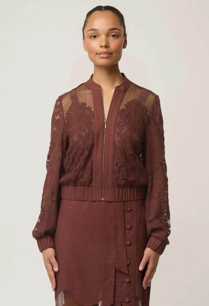 Solene Cotton Blend Placement Lace Bomber in Rosewood Coat