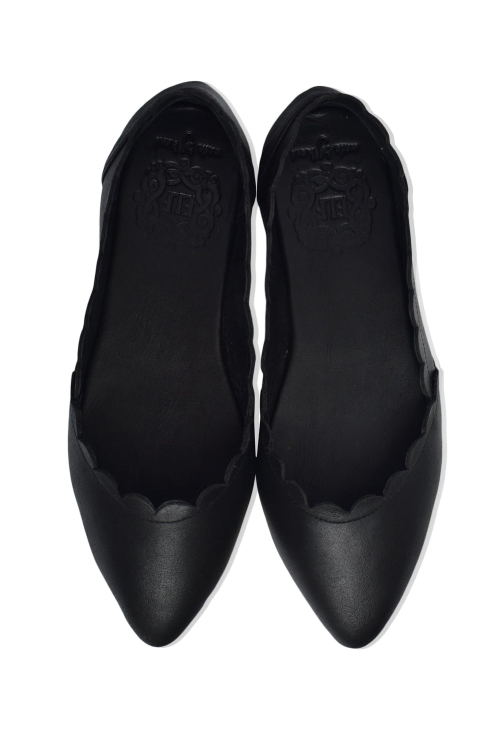 Womens Valentina Scalloped Pointed Toe Leather Flats - Black