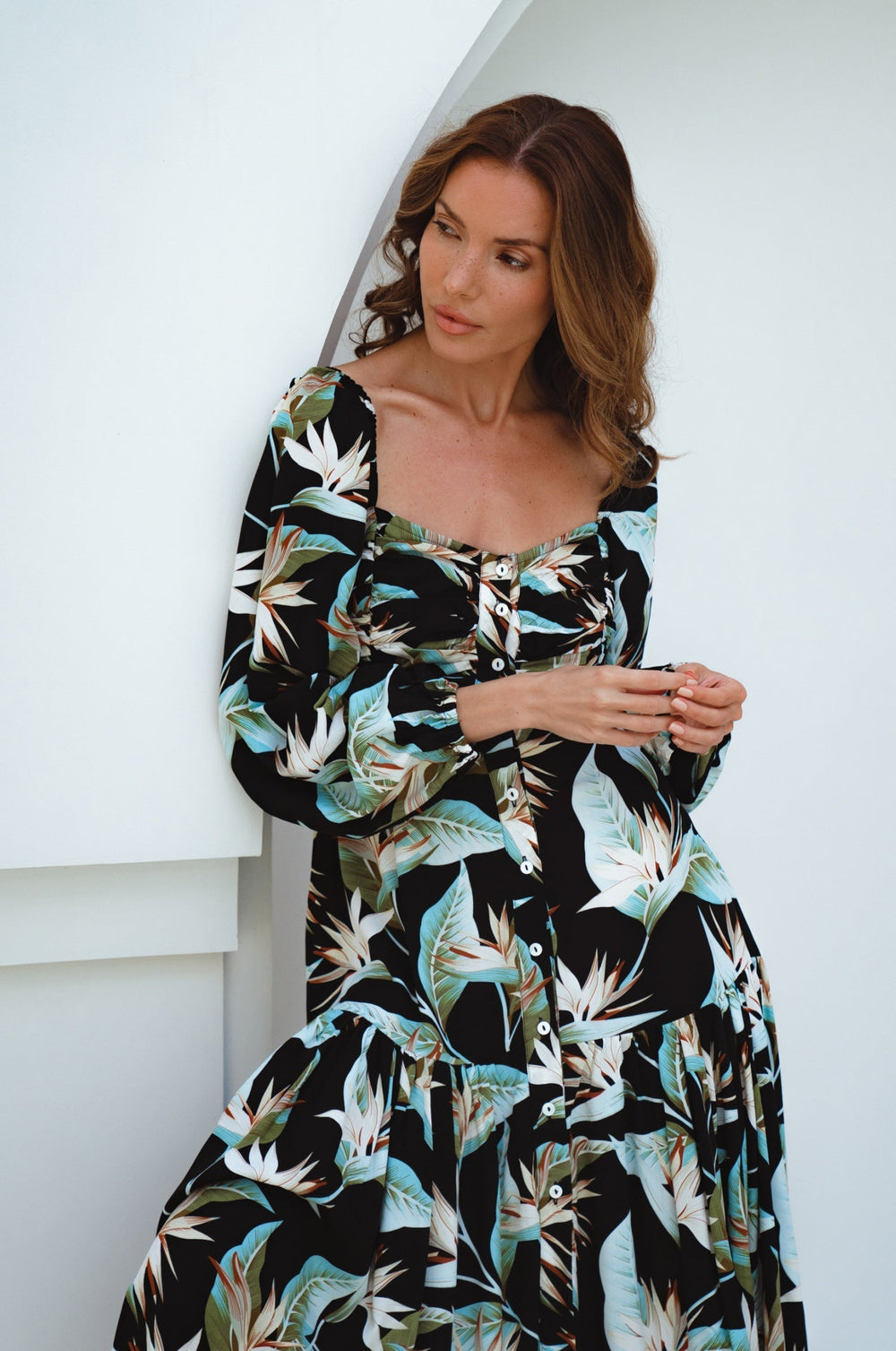Womens Verona Long Sleeve Midi Dress - Ruby Wildflower