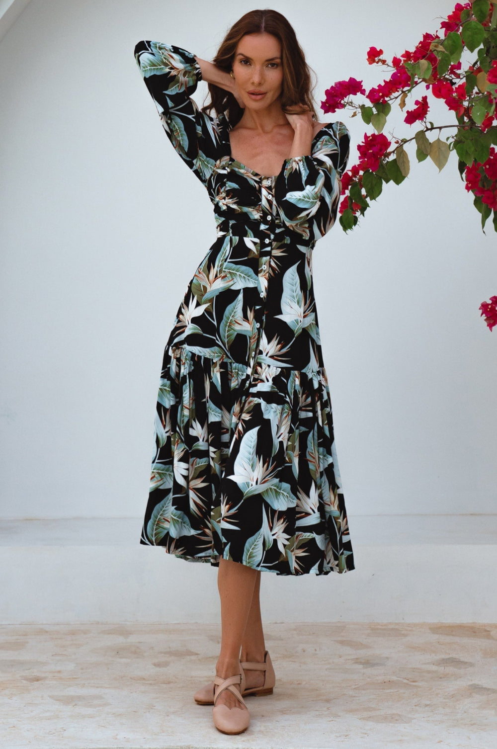 Womens Verona Long Sleeve Midi Dress - Ruby Wildflower