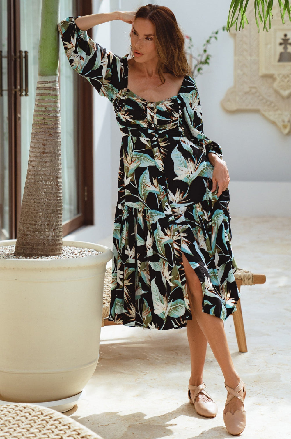 Womens Verona Long Sleeve Midi Dress - Ruby Wildflower
