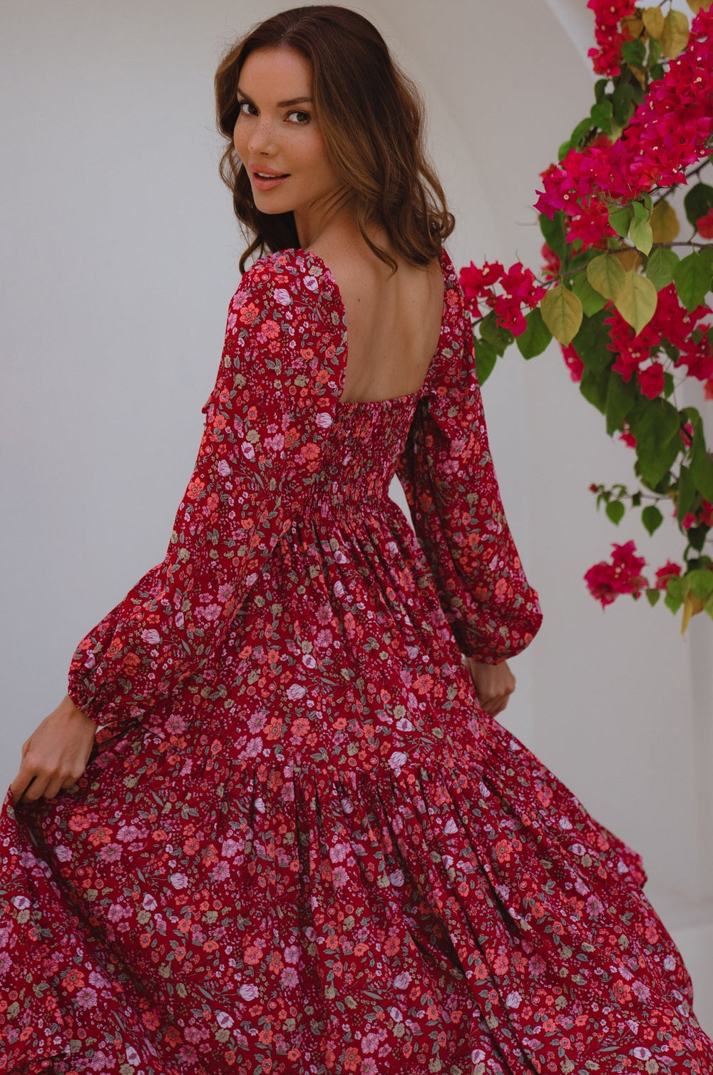 Womens Verona Long Sleeve Midi Dress - Ruby Wildflower