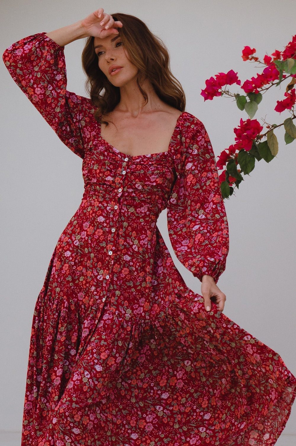 Womens Verona Long Sleeve Midi Dress - Ruby Wildflower