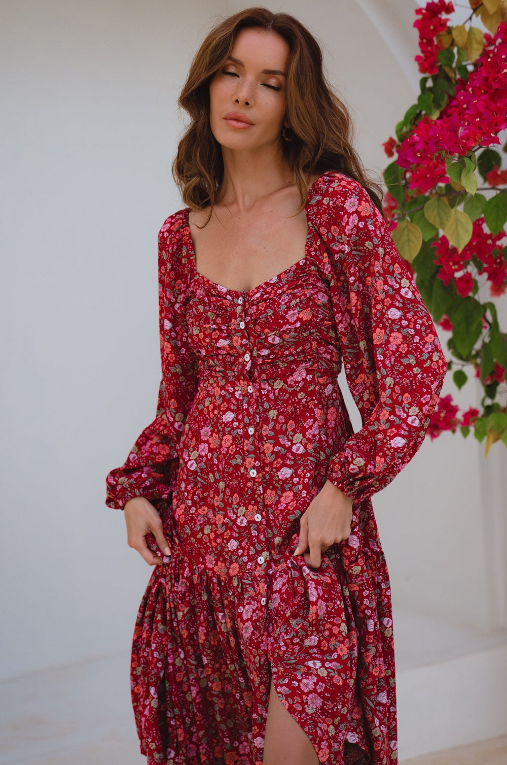 Womens Verona Long Sleeve Midi Dress - Ruby Wildflower