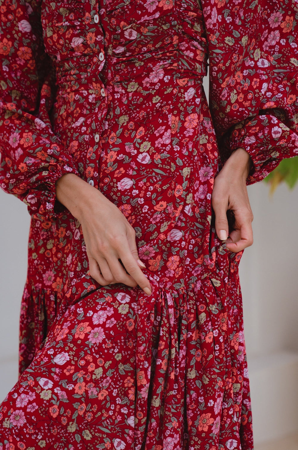 Womens Verona Long Sleeve Midi Dress - Ruby Wildflower