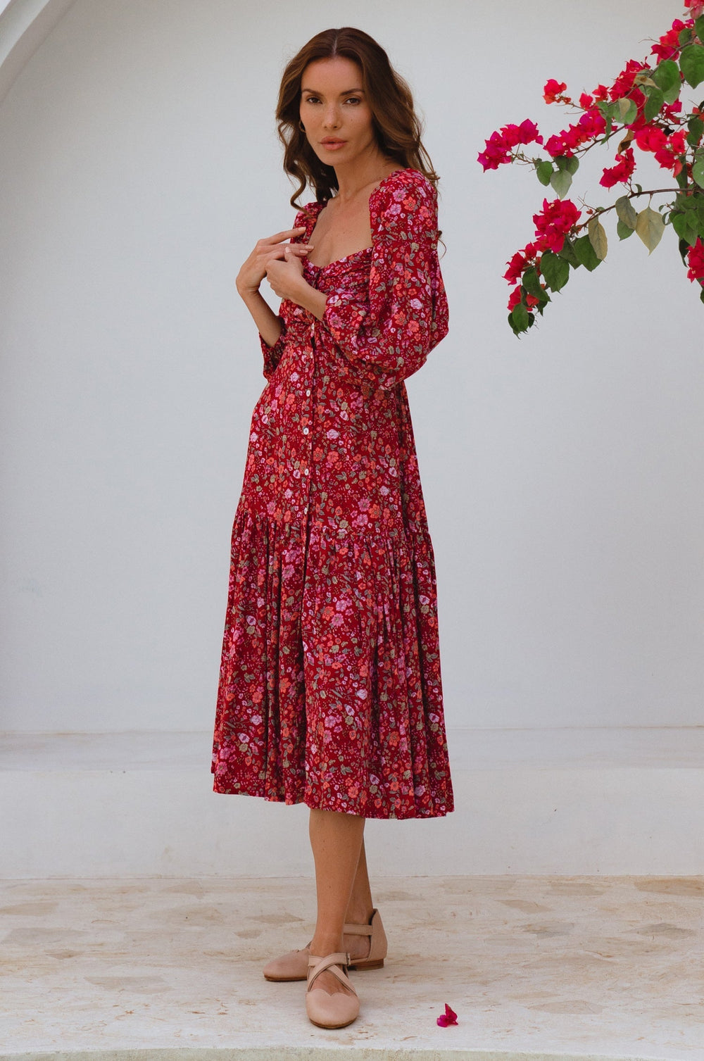 Womens Verona Long Sleeve Midi Dress - Ruby Wildflower