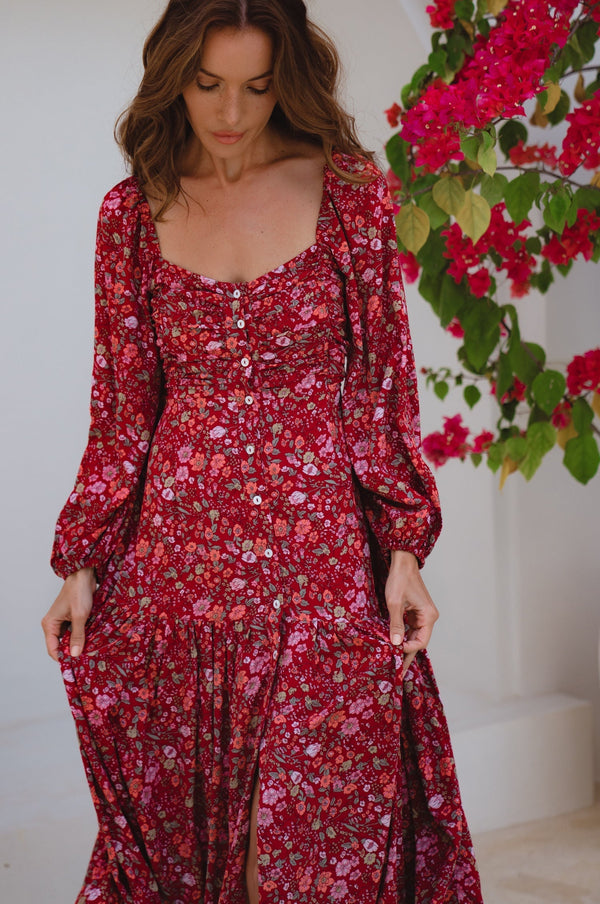 Womens Verona Long Sleeve Midi Dress - Ruby Wildflower