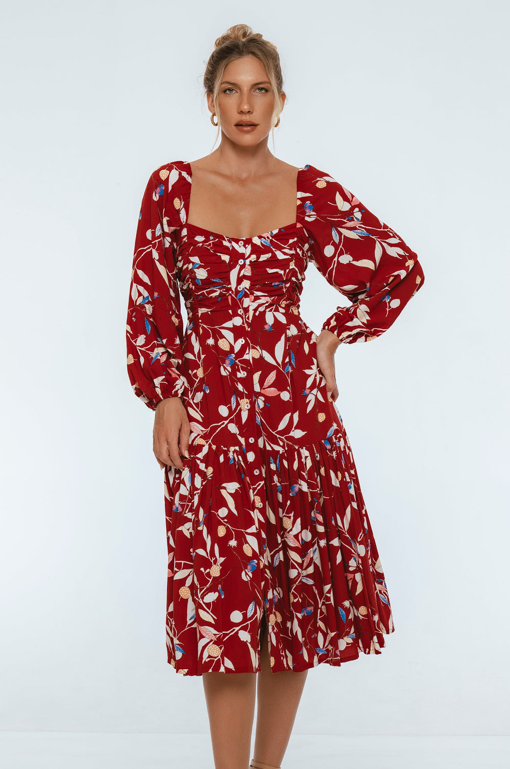 Womens Verona Long Sleeve Midi Dress - Ruby Wildflower