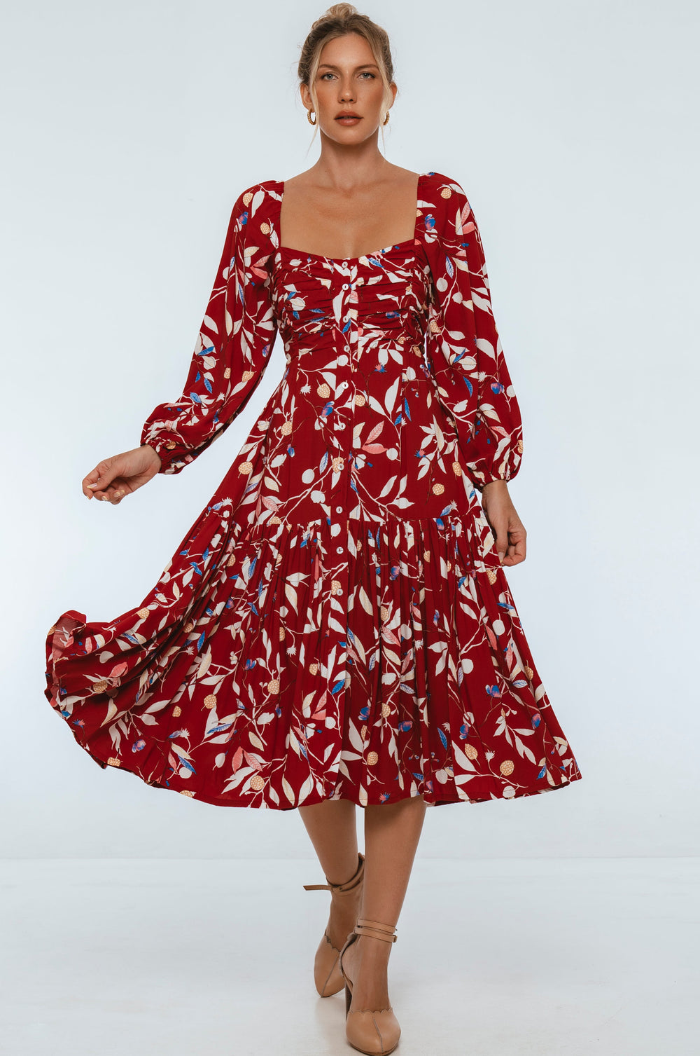Womens Verona Long Sleeve Midi Dress - Ruby Wildflower