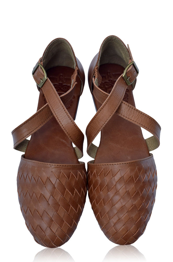 Womens Riviera Woven Leather Flats - Vintage Camel